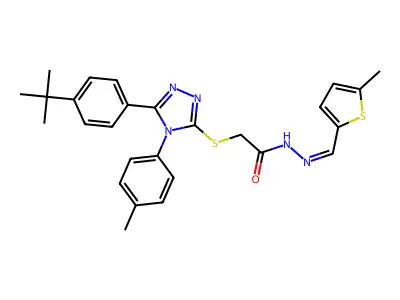 2-[[5-(4-tert-butylphenyl)-4-(4-methylphenyl)-1,2,4-triazol-3-yl]sulfanyl]-N-[(E)-(5-methylthiophen-2-yl)methylideneamino]acetamide structure