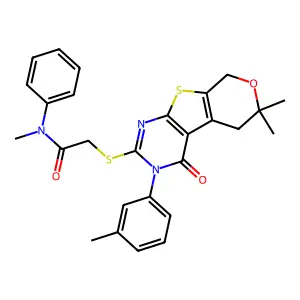 2-((6,6-dimethyl-4-oxo-3-(m-tolyl)-4,5,6,8-tetrahydro-3H-pyrano[4',3':4,5]thieno[2,3-d]pyrimidin-2-yl)thio)-N-methyl-N-phenylacetamide structure