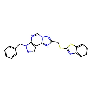 2-(((7-benzyl-7H-pyrazolo[4,3-e][1,2,4]triazolo[1,5-c]pyrimidin-2-yl)methyl)thio)benzo[d]thiazole structure