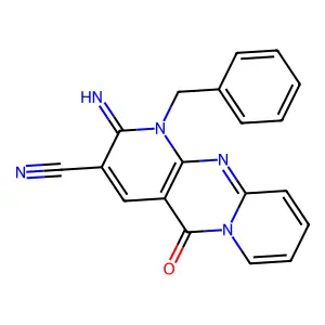 7-Benzyl-6-imino-2-oxo-1,7,9-triazatricyclo[8.4.0.0,3,8]tetradeca-3(8),4,9,11,13-pentaene-5-carbonitrile structure