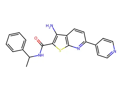 3-amino-N-(1-phenylethyl)-6-(4-pyridinyl)thieno[2,3-b]pyridine-2-carboxamide structure
