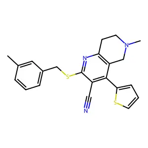 6-methyl-2-[(3-methylphenyl)methylsulfanyl]-4-thiophen-2-yl-7,8-dihydro-5H-1,6-naphthyridine-3-carbonitrile structure
