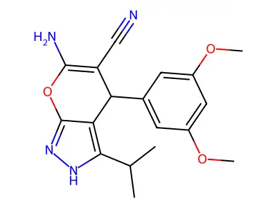 6-amino-4-(3,5-dimethoxyphenyl)-3-isopropyl-2,4-dihydropyrano[2,3-c]pyrazole-5-carbonitrile structure