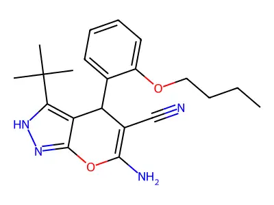 6-amino-4-(2-butoxyphenyl)-3-tert-butyl-2,4-dihydropyrano[2,3-c]pyrazole-5-carbonitrile structure