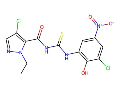 4-chloro-N-[(3-chloro-2-hydroxy-5-nitrophenyl)carbamothioyl]-2-ethylpyrazole-3-carboxamide structure