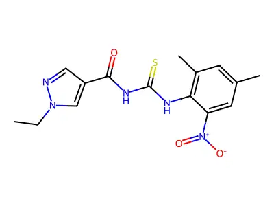 N-[(2,4-dimethyl-6-nitrophenyl)carbamothioyl]-1-ethylpyrazole-4-carboxamide structure