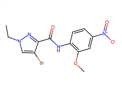 4-bromo-1-ethyl-N-(2-methoxy-4-nitrophenyl)pyrazole-3-carboxamide structure