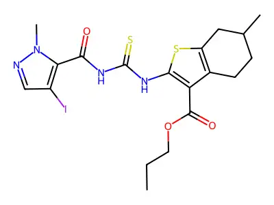 propyl 2-({[(4-iodo-1-methyl-1H-pyrazol-5-yl)carbonyl]carbamothioyl}amino)-6-methyl-4,5,6,7-tetrahydro-1-benzothiophene-3-carboxylate structure
