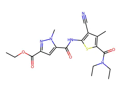 ethyl 5-[({3-cyano-5-[(diethylamino)carbonyl]-4-methyl-2-thienyl}amino)carbonyl]-1-methyl-1H-pyrazole-3-carboxylate structure