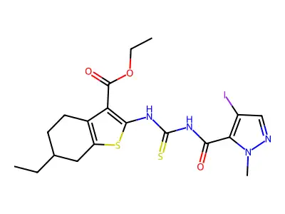 ethyl 6-ethyl-2-({[(4-iodo-1-methyl-1H-pyrazol-5-yl)carbonyl]carbamothioyl}amino)-4,5,6,7-tetrahydro-1-benzothiophene-3-carboxylate structure