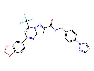 5-(1,3-benzodioxol-5-yl)-N-[4-(1H-pyrazol-1-yl)benzyl]-7-(trifluoromethyl)pyrazolo[1,5-a]pyrimidine-2-carboxamide structure