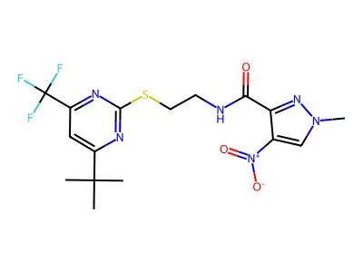 N-[2-[4-tert-butyl-6-(trifluoromethyl)pyrimidin-2-yl]sulfanylethyl]-1-methyl-4-nitropyrazole-3-carboxamide structure