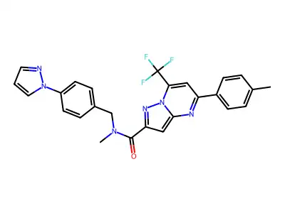 N-methyl-5-(4-methylphenyl)-N-[(4-pyrazol-1-ylphenyl)methyl]-7-(trifluoromethyl)pyrazolo[1,5-a]pyrimidine-2-carboxamide structure