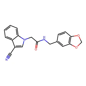 N-(1,3-benzodioxol-5-ylmethyl)-2-(3-cyano-1H-indol-1-yl)acetamide structure