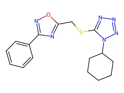 5-[[(1-Cyclohexyl-5-tetrazolyl)thio]methyl]-3-phenyl-1,2,4-oxadiazole structure