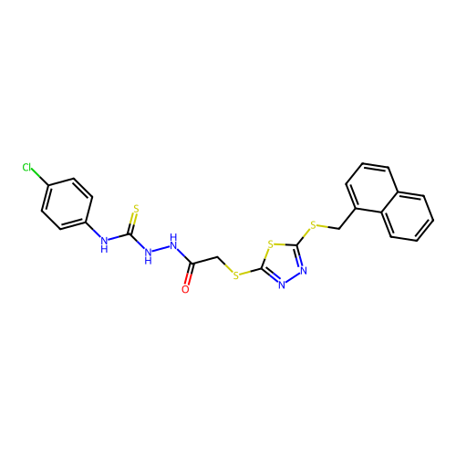 1-(4-chlorophenyl)-3-[[2-[[5-(naphthalen-1-ylmethylsulfanyl)-1,3,4-thiadiazol-2-yl]sulfanyl]acetyl]amino]thiourea structure