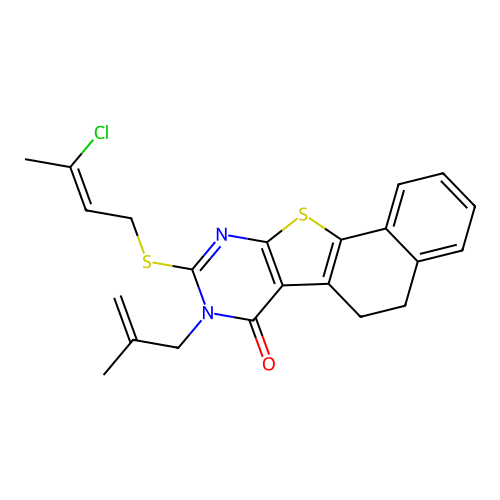 9-((3-chlorobut-2-en-1-yl)thio)-8-(2-methylallyl)-5,6-dihydronaphtho[2',1':4,5]thieno[2,3-d]pyrimidin-7(8H)-one structure