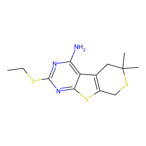 2-(ethylsulfanyl)-6,6-dimethyl-5,8-dihydro-6H-thiopyrano[4',3':4,5]thieno[2,3-d]pyrimidin-4-amine structure