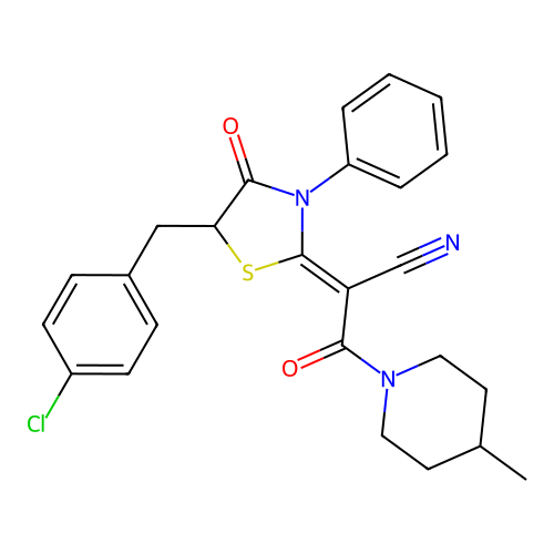 (Z)-2-(5-(4-chlorobenzyl)-4-oxo-3-phenylthiazolidin-2-ylidene)-3-(4-methylpiperidin-1-yl)-3-oxopropanenitrile structure