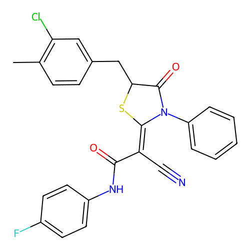 (2Z)-2-[5-(3-chloro-4-methylbenzyl)-4-oxo-3-phenyl-1,3-thiazolidin-2-ylidene]-2-cyano-N-(4-fluorophenyl)ethanamide structure
