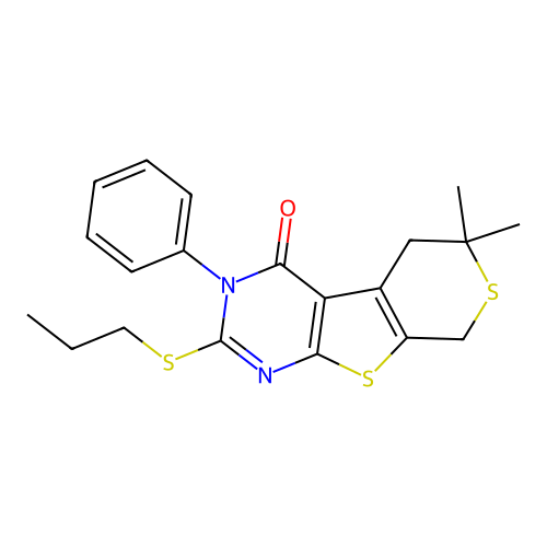 6,6-dimethyl-3-phenyl-2-(propylsulfanyl)-3,5,6,8-tetrahydro-4H-thiopyrano[4',3':4,5]thieno[2,3-d]pyrimidin-4-one structure