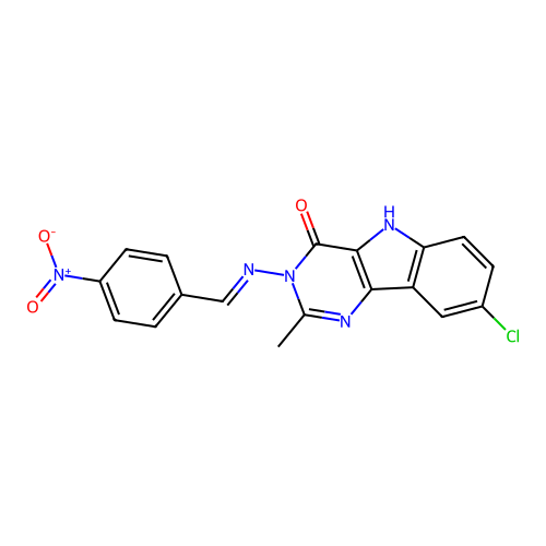 (E)-8-chloro-2-methyl-3-((4-nitrobenzylidene)amino)-3H-pyrimido[5,4-b]indol-4(5H)-one structure