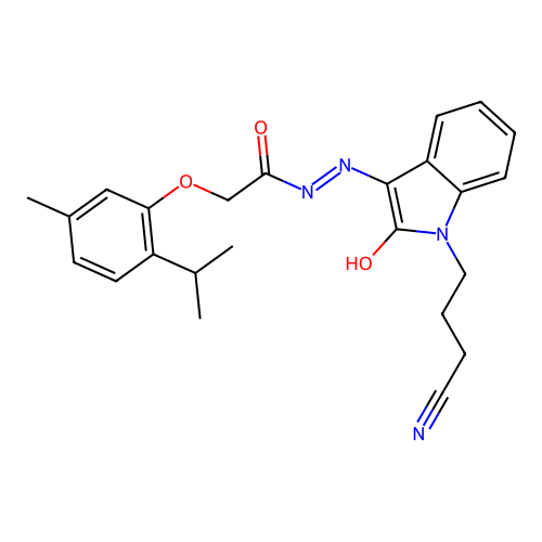 N'-[(3Z)-1-(3-cyanopropyl)-2-oxo-1,2-dihydro-3H-indol-3-ylidene]-2-[5-methyl-2-(propan-2-yl)phenoxy]acetohydrazide structure