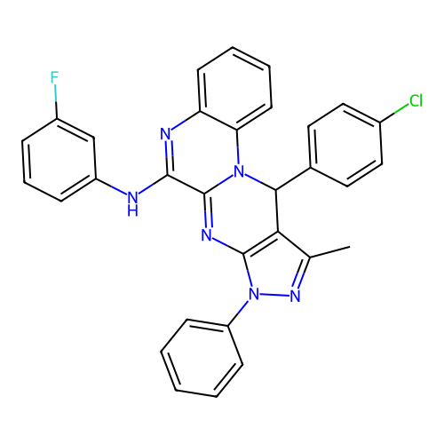 11-(4-chlorophenyl)-N-(3-fluorophenyl)-10-methyl-8-phenyl-8,11-dihydropyrazolo[3',4':4,5]pyrimido[1,2-a]quinoxalin-6-amine structure