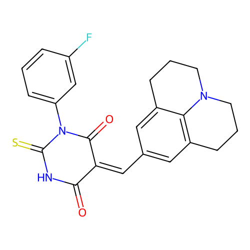 (5Z)-1-(3-fluorophenyl)-2-sulfanyl-5-(2,3,6,7-tetrahydro-1H,5H-pyrido[3,2,1-ij]quinolin-9-ylmethylidene)pyrimidine-4,6(1H,5H)-dione structure