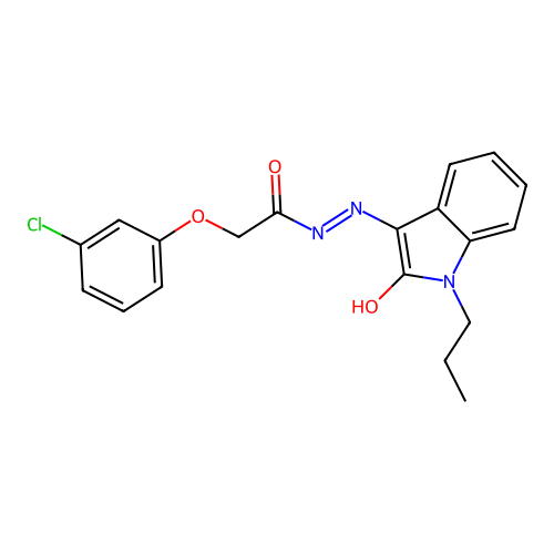 2-(3-chlorophenoxy)-N-[(2-oxo-1-propylindol-3-ylidene)amino]acetamide structure