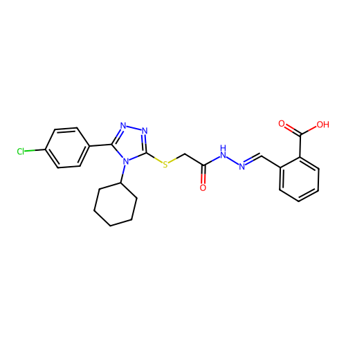 2-{(E)-[2-({[5-(4-chlorophenyl)-4-cyclohexyl-4H-1,2,4-triazol-3-yl]sulfanyl}acetyl)hydrazinylidene]methyl}benzoic acid structure