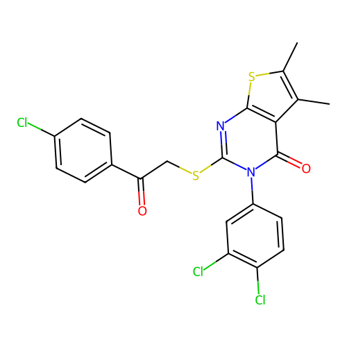 2-((2-(4-chlorophenyl)-2-oxoethyl)thio)-3-(3,4-dichlorophenyl)-5,6-dimethylthieno[2,3-d]pyrimidin-4(3H)-one structure