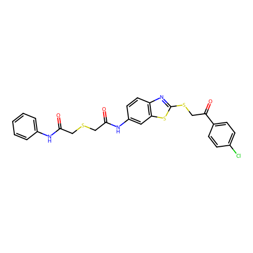 2-({2-[(2-{[2-(4-chlorophenyl)-2-oxoethyl]sulfanyl}-1,3-benzothiazol-6-yl)amino]-2-oxoethyl}sulfanyl)-N-phenylacetamide structure