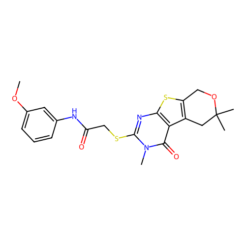 N-(3-methoxyphenyl)-2-((3,6,6-trimethyl-4-oxo-4,5,6,8-tetrahydro-3H-pyrano[4',3':4,5]thieno[2,3-d]pyrimidin-2-yl)thio)acetamide structure