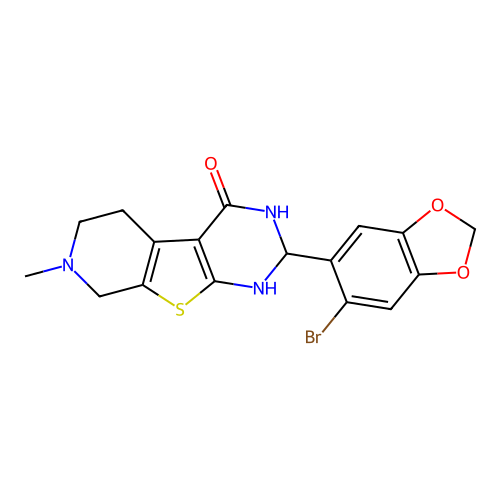 2-(6-bromo-1,3-benzodioxol-5-yl)-7-methyl-1,2,5,6,7,8-hexahydropyrido[4',3':4,5]thieno[2,3-d]pyrimidin-4-ol structure