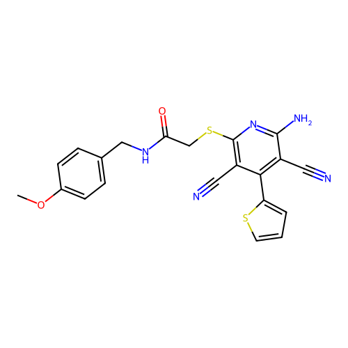 2-((6-amino-3,5-dicyano-4-(thiophen-2-yl)pyridin-2-yl)thio)-N-(4-methoxybenzyl)acetamide structure