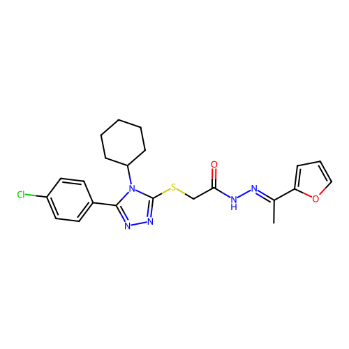 2-{[5-(4-chlorophenyl)-4-cyclohexyl-4H-1,2,4-triazol-3-yl]sulfanyl}-N'-[(1E)-1-(furan-2-yl)ethylidene]acetohydrazide structure
