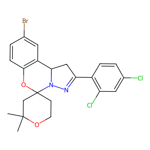9'-bromo-2'-(2,4-dichlorophenyl)-2,2-dimethyl-1',2,3,5,6,10b'-hexahydrospiro[pyran-4,5'-pyrazolo[1,5-c][1,3]benzoxazine] structure