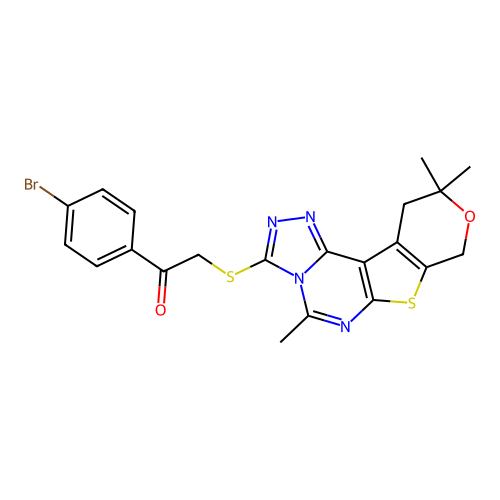 1-(4-bromophenyl)-2-((5,10,10-trimethyl-10,11-dihydro-8H-pyrano[4',3':4,5]thieno[3,2-e][1,2,4]triazolo[4,3-c]pyrimidin-3-yl)thio)ethanone structure