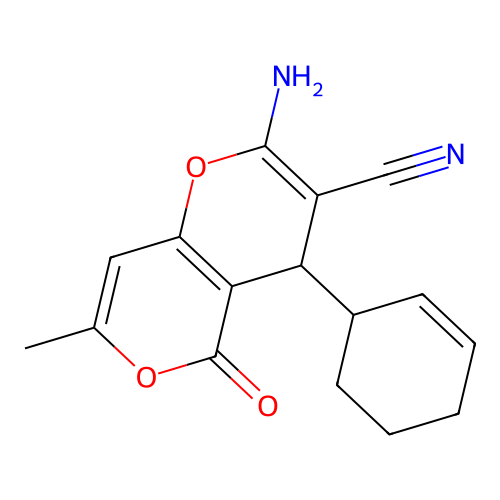 2-amino-4-(cyclohex-2-en-1-yl)-7-methyl-5-oxo-4H,5H-pyrano[4,3-b]pyran-3-carbonitrile structure