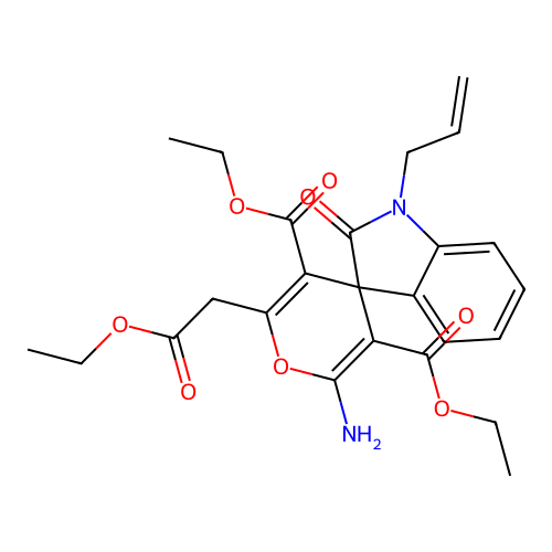 diethyl 2'-amino-6'-(2-ethoxy-2-oxoethyl)-2-oxo-1-(prop-2-en-1-yl)-1,2-dihydrospiro[indole-3,4'-pyran]-3',5'-dicarboxylate structure
