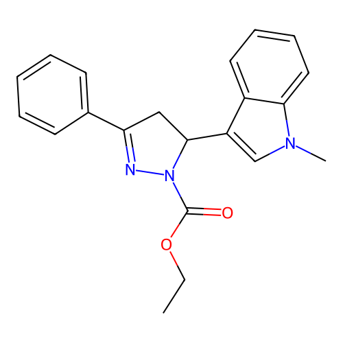 ethyl 5-(1-methyl-1H-indol-3-yl)-3-phenyl-4,5-dihydro-1H-pyrazole-1-carboxylate structure