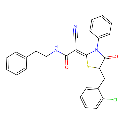 (2Z)-2-[5-(2-chlorobenzyl)-4-oxo-3-phenyl-1,3-thiazolidin-2-ylidene]-2-cyano-N-(2-phenylethyl)ethanamide structure
