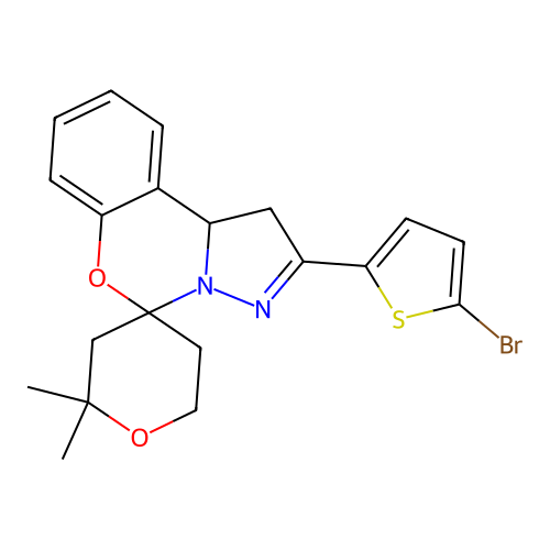 2'-(5-bromothiophen-2-yl)-2,2-dimethyl-1',2,3,5,6,10b'-hexahydrospiro[pyran-4,5'-pyrazolo[1,5-c][1,3]benzoxazine] structure