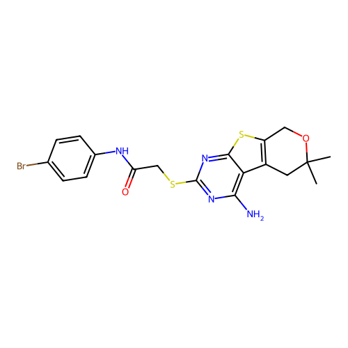 2-((4-amino-6,6-dimethyl-6,8-dihydro-5H-pyrano[4',3':4,5]thieno[2,3-d]pyrimidin-2-yl)thio)-N-(4-bromophenyl)acetamide structure