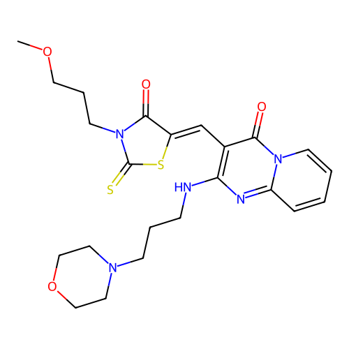 (5Z)-3-(3-methoxypropyl)-5-[[2-(3-morpholin-4-ylpropylamino)-4-oxopyrido[1,2-a]pyrimidin-3-yl]methylidene]-2-sulfanylidene-1,3-thiazolidin-4-one structure