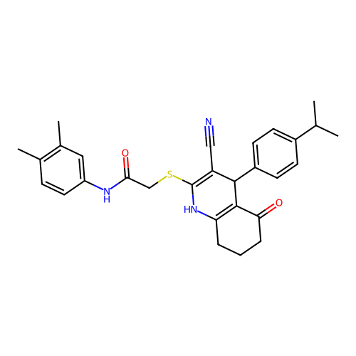 2-((3-cyano-4-(4-isopropylphenyl)-5-oxo-1,4,5,6,7,8-hexahydroquinolin-2-yl)thio)-N-(3,4-dimethylphenyl)acetamide structure