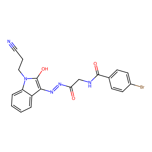 4-bromo-N-[[[1-(2-cyanoethyl)-2-oxo-indol-3-ylidene]amino]carbamoylmethyl]benzamide structure