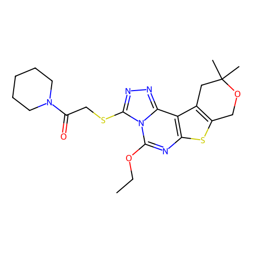 2-((5-ethoxy-10,10-dimethyl-10,11-dihydro-8H-pyrano[4',3':4,5]thieno[3,2-e][1,2,4]triazolo[4,3-c]pyrimidin-3-yl)thio)-1-(piperidin-1-yl)ethanone structure