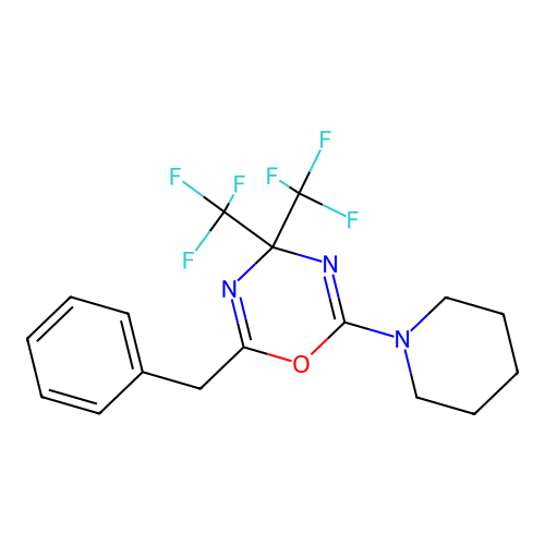 2-benzyl-6-(piperidin-1-yl)-4,4-bis(trifluoromethyl)-4H-1,3,5-oxadiazine structure